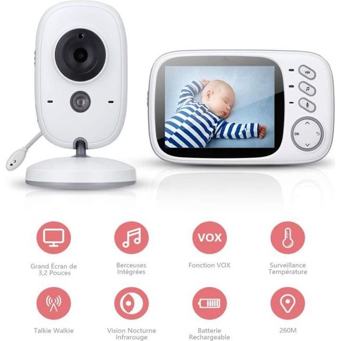 Moniteur Bébé, Babyphone Caméra Sans Fil 3,2 Pouces 2,4 GHz Caméra Surveillance Bébé avec Ecran Couleur LCD Talkie Walkie