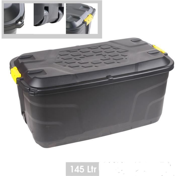 Box de Rangement Noir en Plastique Rigide Malle Extérieur 145 litres 4 Roulettes