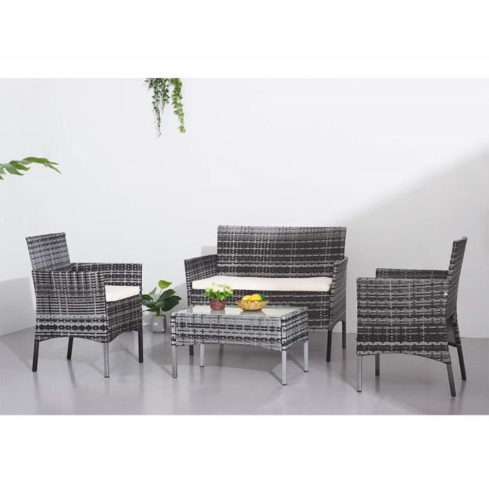 SALON DE JARDIN - ENSEMBLE TABLE CHAISE FAUTEUIL -Table en Verre + 1 Canapé 2 Places + 2 Fauteuils en Résine Tressée Poly Résistant