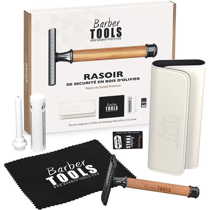 Rasoir de Sécurité/Rasoir de Sûreté + 5 doubles lames + Stick d'alun + Chiffon de polissage + Etui de rangement