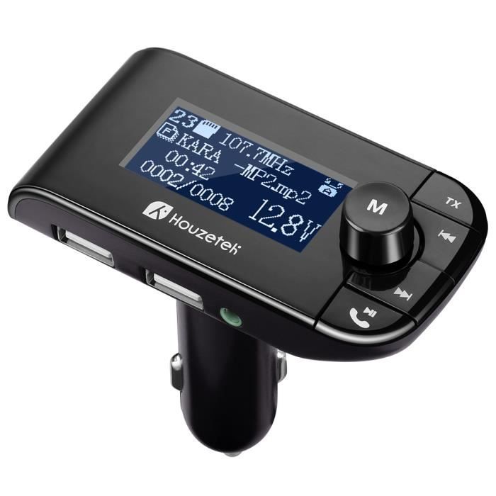 Transmetteur FM Bluetooth de Voiture - 10M Espace Libre - 4 Modes de Lecture de Musique - Double Chargement USB - Noir