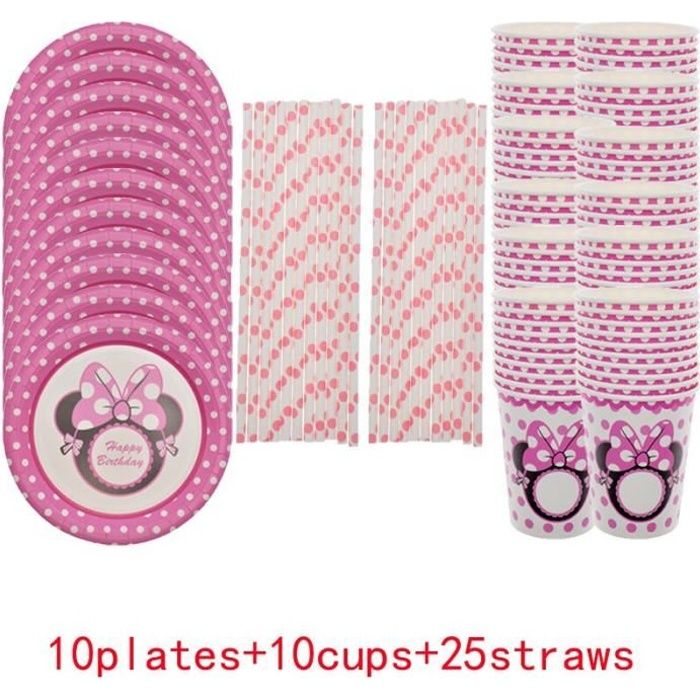 Vaisselle jetable rose MINNIE pour fille, fournitures de fête d'anniversaire, assiettes, gobelets, serviettes en pai*LL20879