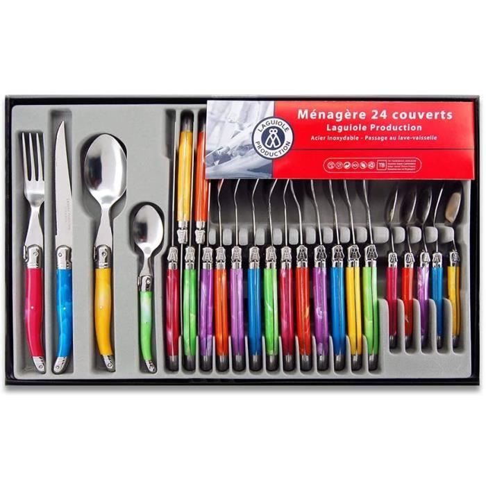 Laguiole Production - Ménagère 24 pièces multicolore - Set de couverts de table acier inox et ABS pour 6 personnes - Présentation co