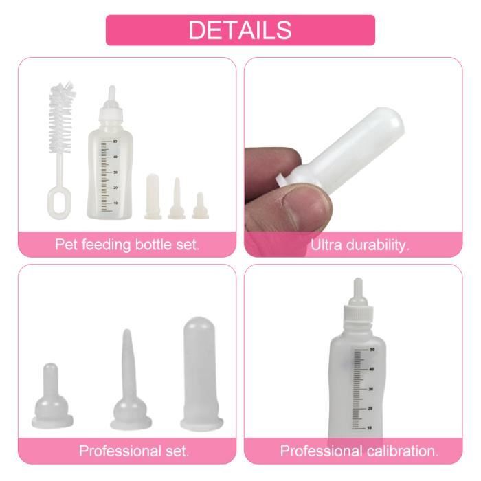 Qiilu biberon avec brosse Ensemble de biberons d'allaitement pour animaux de compagnie de 50 ml avec 3 tétines et 1 brosse de