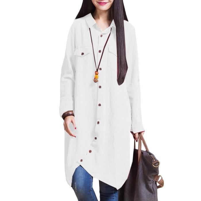 femmes coton lin longue Chemisier irrégulière ourlet Boutons en vrac Casual Top Vintage Robe chemise blanche - p 1M0HIK Taille-50