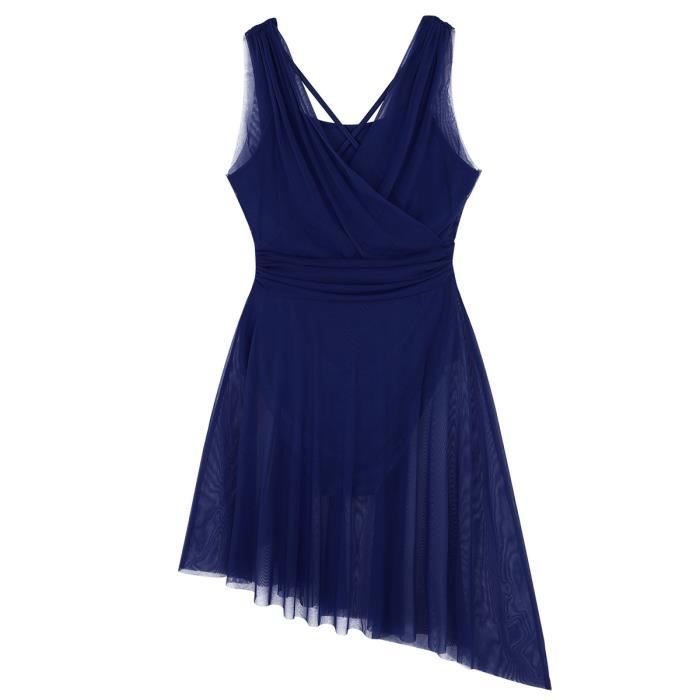 Robe Danse Femme Asymétrique Justaucorps Jupe Plissée Tulle Robe Patinage Artistique XS-XL Bleu marine