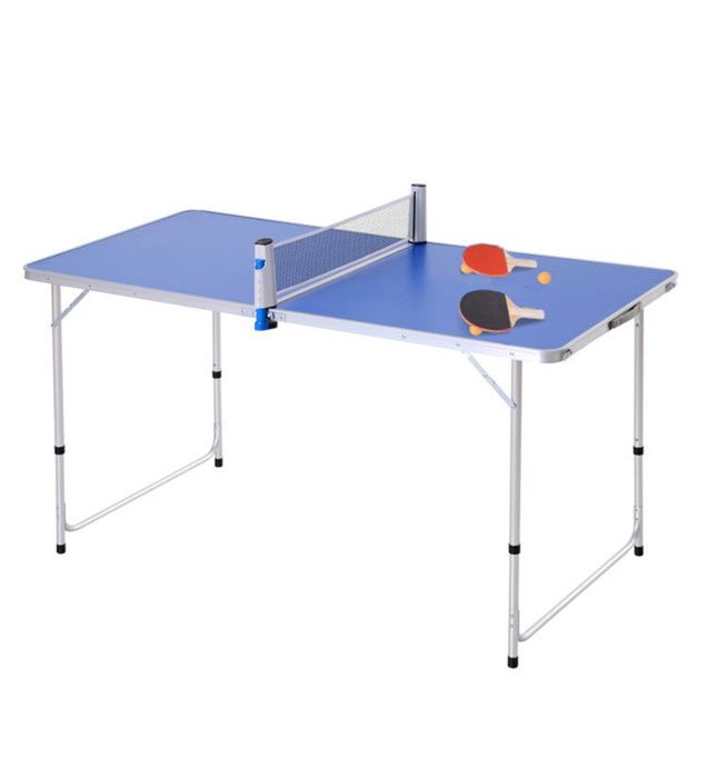 Table de ping pong camping 2 en 1 - table pliante - hauteur réglable - 2 raquettes + 3 balles fournies - alu. MDF bleu 160x80x70cm