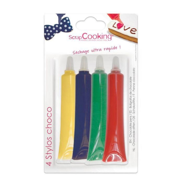 4 stylos chocolat - Rouge, bleu, vert, et jaune - 4 x 25 g