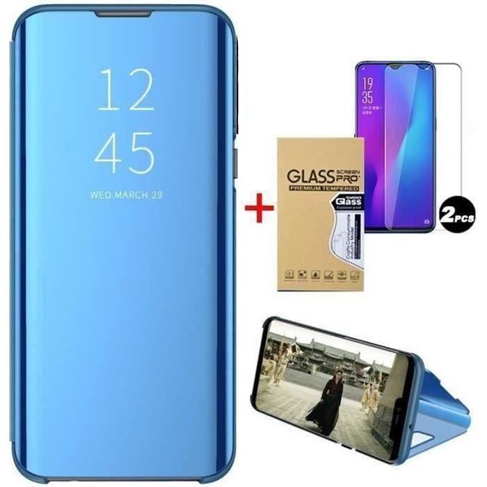 Étui Housse Samsung Galaxy S20 Ultra+ Verre Trempé, Clear View Housse à Rabat Miroir Rigide Antichoc avec Support, Bleu