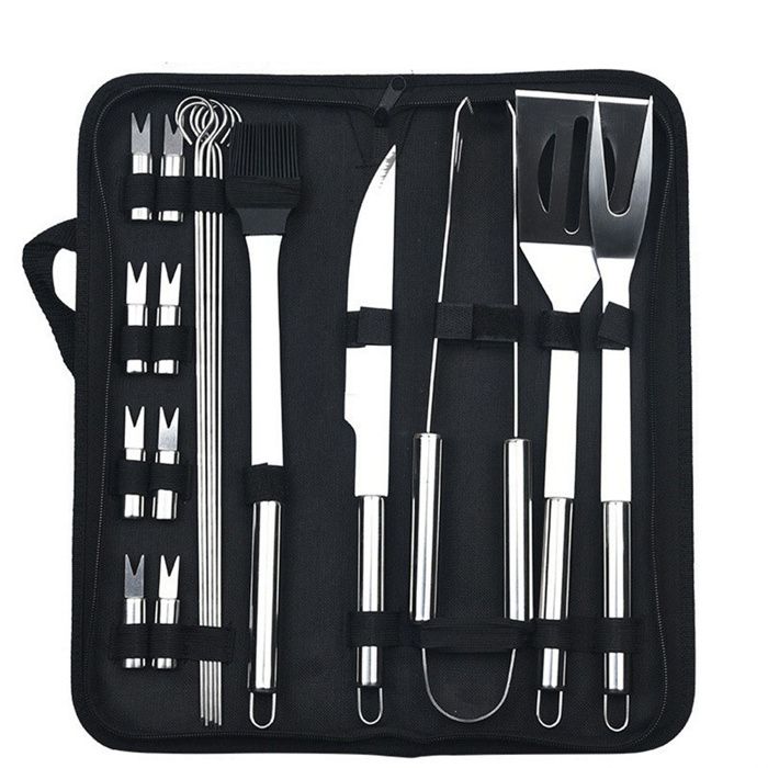 Cubiertos para barbacoa de 18 piezas en una maleta - juego de cubiertos para barbacoa de acero inoxidable