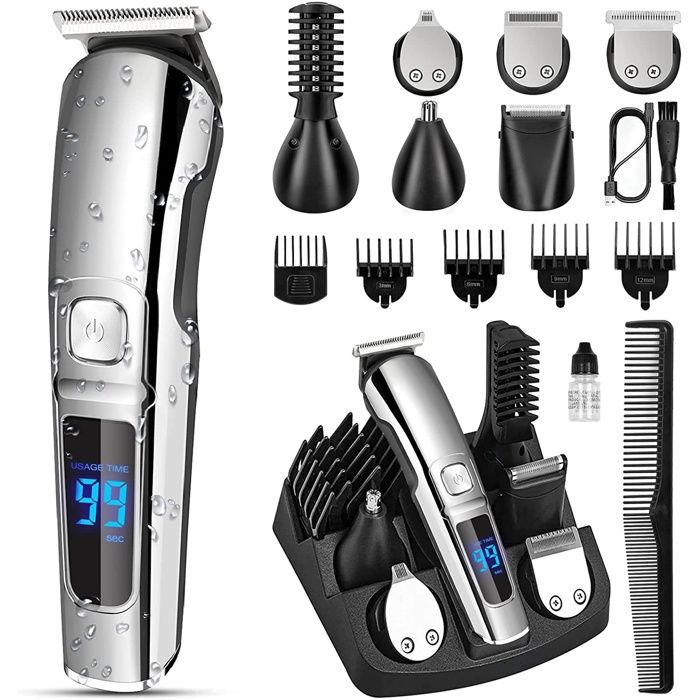 Tondeuse Chevex Homme Professionnelle -Tondeuse Barbe Sans Fils- Rechargeable et Etanche- 6 Tête de Rasage et 5 Sabots Argent