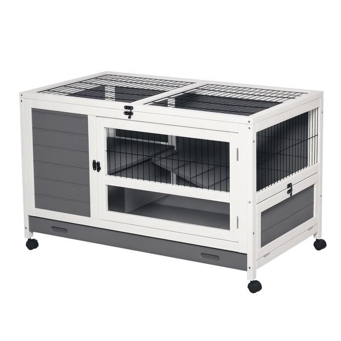 Meilleurs prix pour Cage à lapin - PawHut - clapier sur roulettes - avec plateau coulissant - porte verrouillable - dessus ouvrable - gris