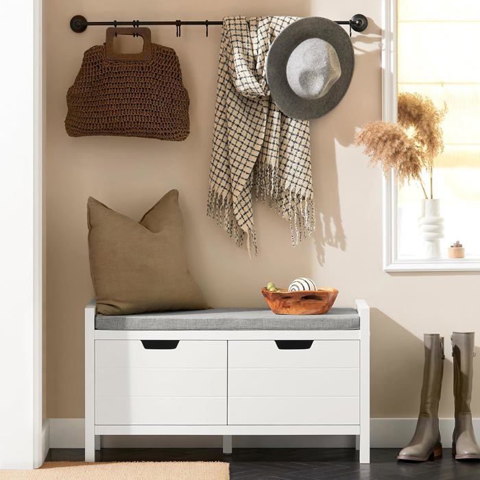 Meuble Chaussure SoBuy Banc Entrée avec Rangement Fermé 2 Portes Coussin Rembourré Design Moderne Blanc 91×30×50 cm