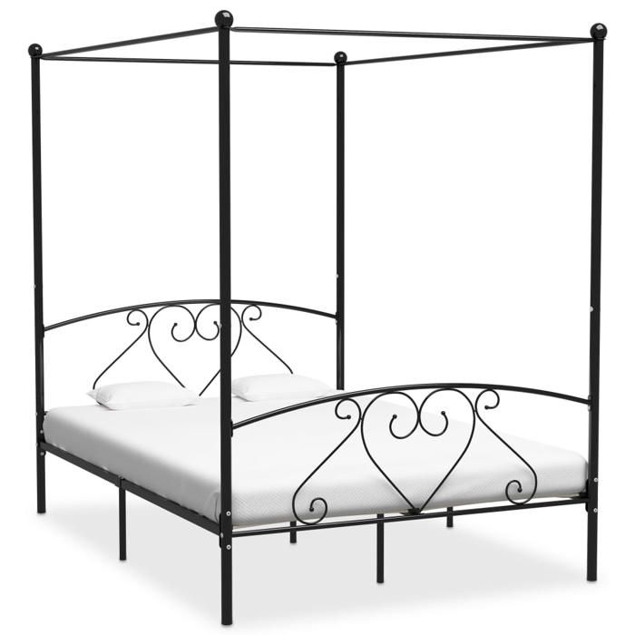 Lit classique double - Cadre de lit - sans matelas - avec baldaquin noir 140x200 cm métal DECO JA1276937