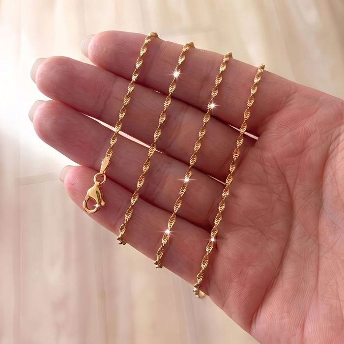 Chaîne de Cou - Maille Diamantée - Singapour - Torsadée - Fine - Plaqué Or Jaune - 45 cm - Femme
