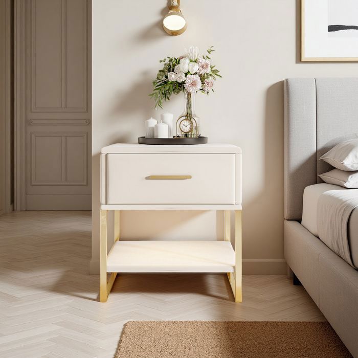 Table de Chevet - COZY - Lot de 2 - 40x31x50 cm - Velvet Beige - 1 Tiroir + Étagère Table de Chevet - COZY - Lot de 2 - 40x31x50 cm - Velvet Beige - 1 Tiroir + Étagère