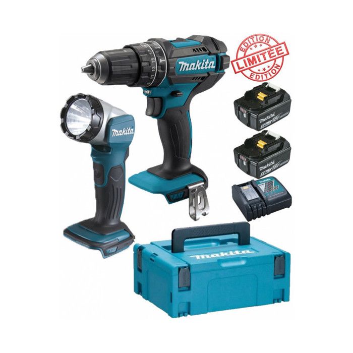 Perceuse visseuse à percussion Makita 18V 62Nm DHP482 + 2 batt 5 Ah + Lampe torche LED DEADML802 MAKITA Edition Limitée