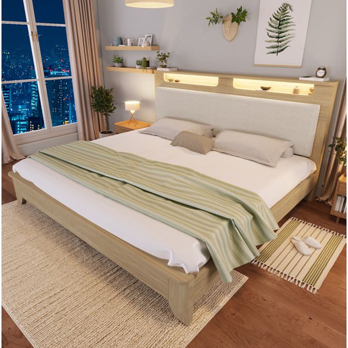 MODENUIT Lit double 160x200 cm avec tête de lit rembourrée LED sommier à lattes bois et velours côtelé beige (Sans matelas)