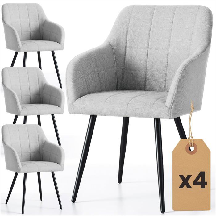Lot de 4 Chaises rembourrées à surpiqûres carrées LUXANO Gris Clair pieds noirs tissu Lumos
