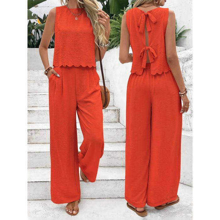 Ensemble femme 2 pièces : débardeur de sport sans manches et pantalon long décontracté pour l’extérieur-orange