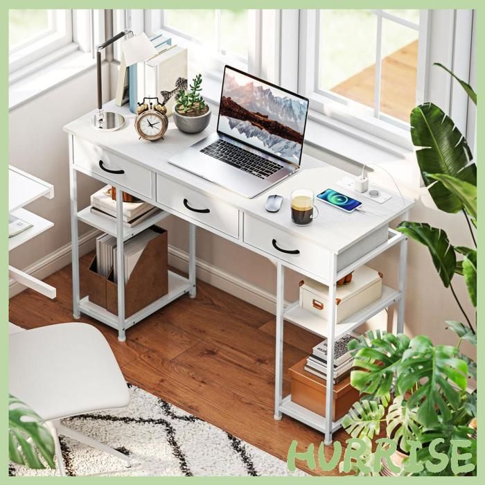 Cocosity Bureau Avec Rangement Avec Prises De Courant 3 Tiroirs En Tissu Et 4 Étagères De Rangement 120 X 40 X 76 Cm Blanc
