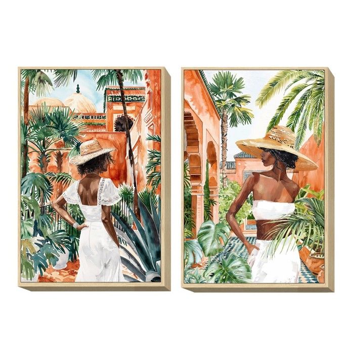Tableau Toile Set de 2 60x40cm Femme avec Chapeau et Tenue Estivale Blanche Inspiration Voyage Méditerranée