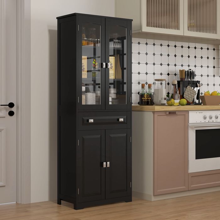 Buffet haut armoire de cuisine 4 portes dont 2 portes vitrées et 1 tiroir hauteur 160 cm avec étagères en bois noir