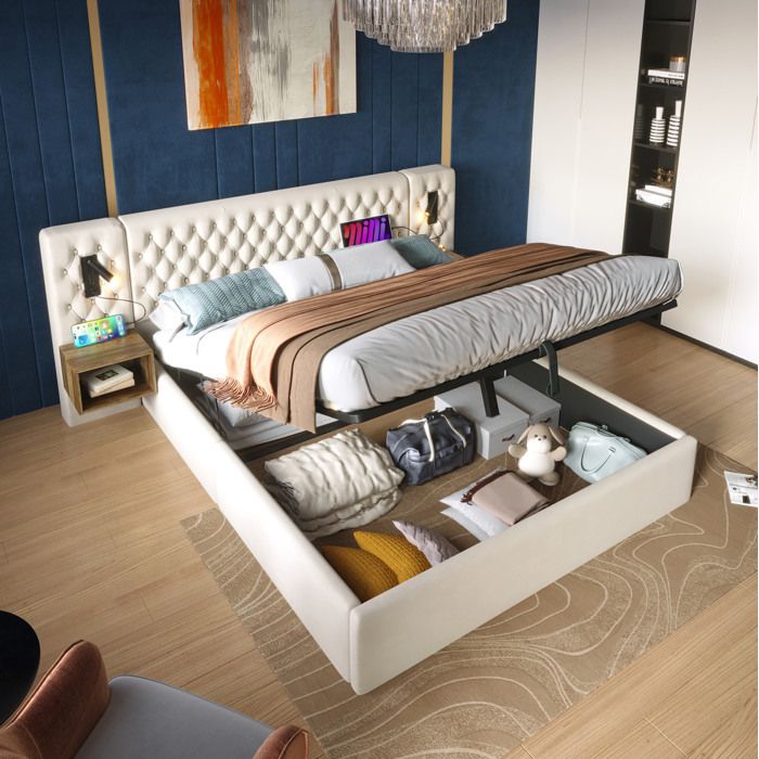 Lit double beige 180 × 200 avec rangement hydraulique chevets et USB sans matelas