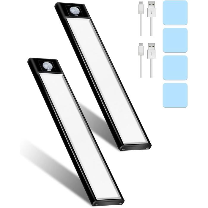 Lot de 2 Lampes LED Rechargeables 31 LED 30 cm avec Détecteur 3 Modes pour Placard Cuisine et Escalier