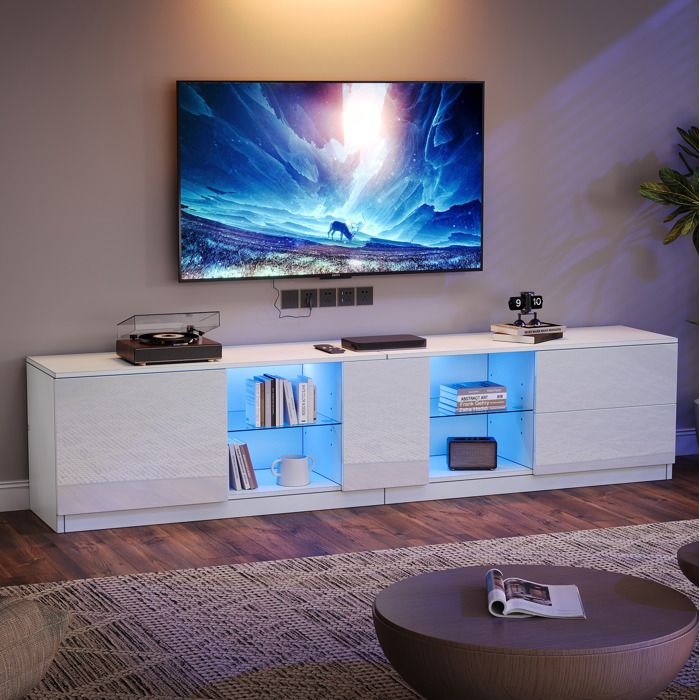 Meuble TV blanc laqué avec LED rangements et étagère en verre trempé