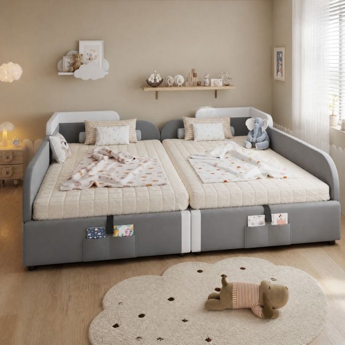 Lit combiné enfant 2 places 90×200 cm et 90×200 cm coffre et barrière souple - BEAUNIV - sans matelas velours gris