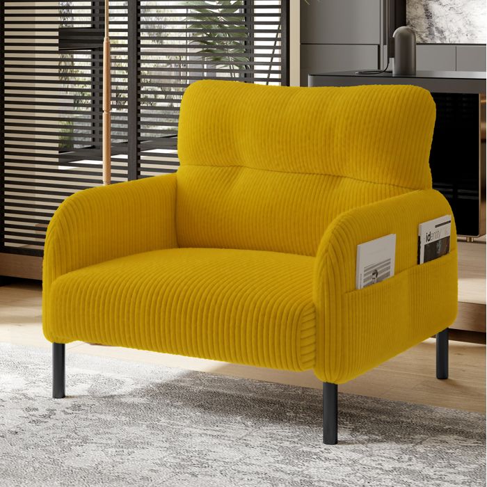 Fauteuil 1 Place Assise Profonde avec Poches Latérales et Dossier Ergonomique - TCQPZ - en Cord Jaune 67 × 75 × 79 cm