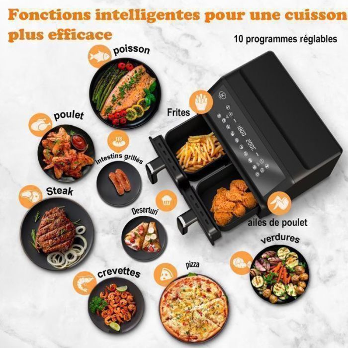 airfryer - friteuse à air sans huile 8l 2200W 2 compartiments Friteuse air chaud Fenêtre visualisation 10 programmes automatiques