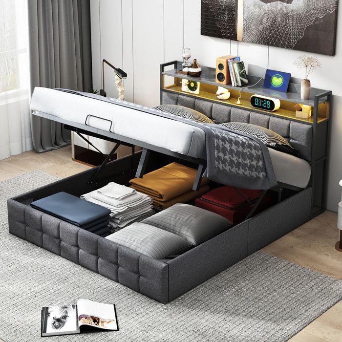 Lit Coffre 160x200 cm Lit Double rembourré avec éclairage LED et Port USB Lit Rangement en Hydraulique sans Matelas (Gris + Lin)