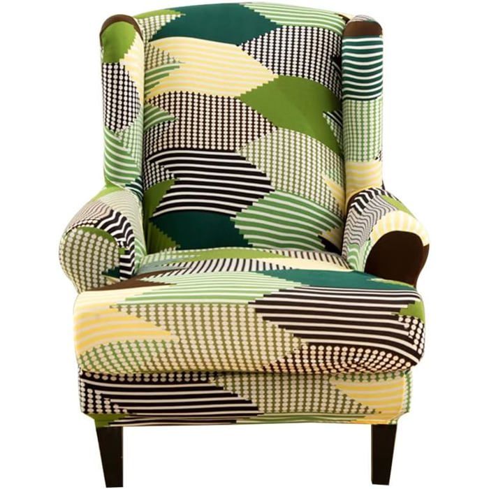 Housse de Fauteuil à Oreilles Extensible 2 Pièces + Housse Coussin Antidérapante Imprimé Géométrie Verte pour v HOUSSE DE FAUTEUIL