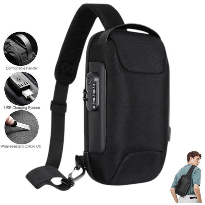 Sac bandoulière antivol crossbody sport design compact noir avec cadenas à code USB voyage randonnée vélo quotidien
