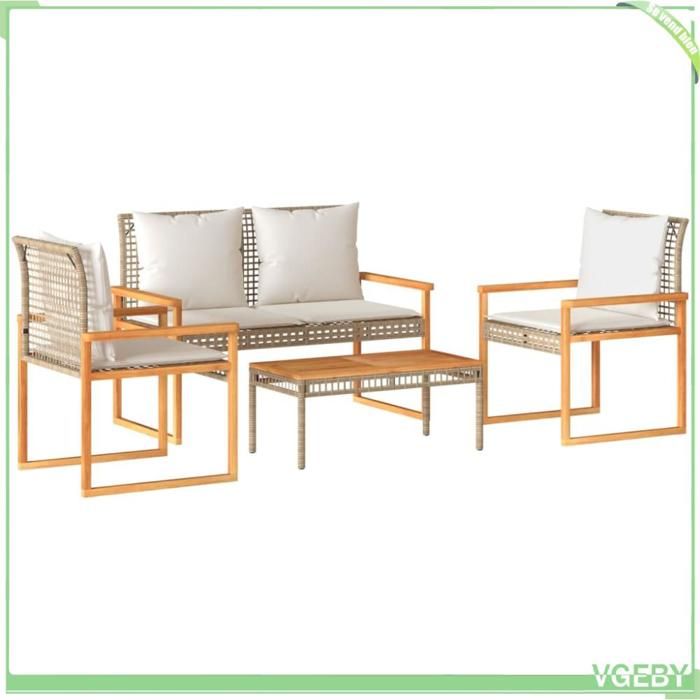 Salon de jardin 4 pcs - FAFEICY - 365859 - Résine tressée mélange beige - Coussins déhoussables - Plateau acacia