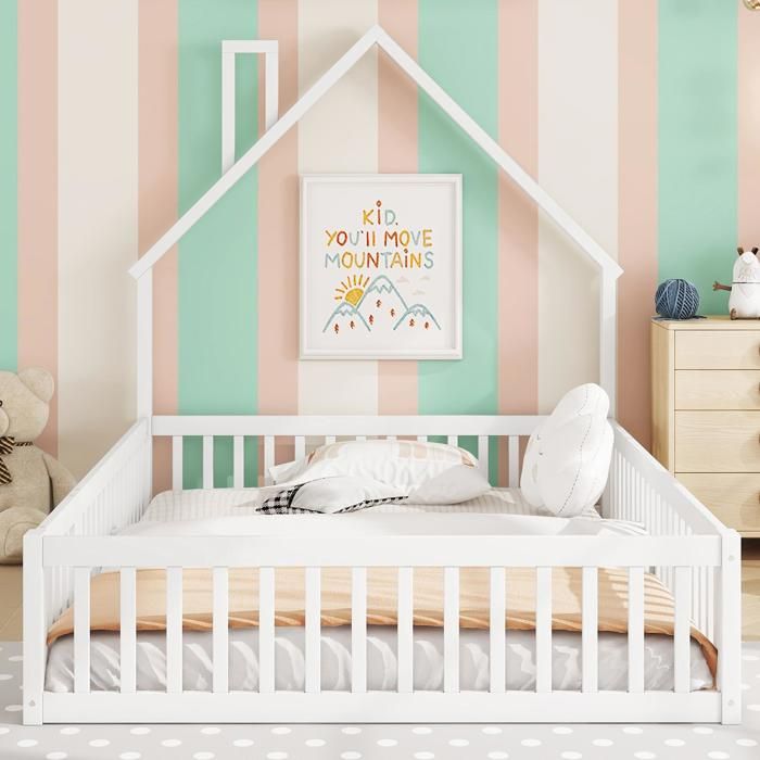 Lit Cabane enfant 140x190cm - Bois de pin massif avec Barrière de Sécurité et porte - Cadre de lit au sol Certifié EN747 - Blanc