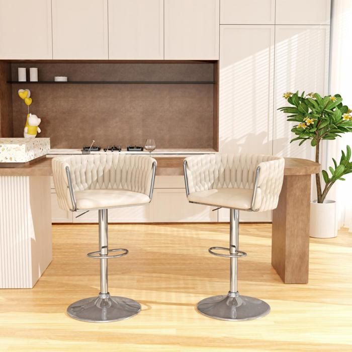 OHMG-1 Lot De 2 Chaises De Bar Pivotantes-Chaise De Bar Avec Dossier Tressé-Pieds Plaqués Argent-Réglable En Hauteur-Beige
