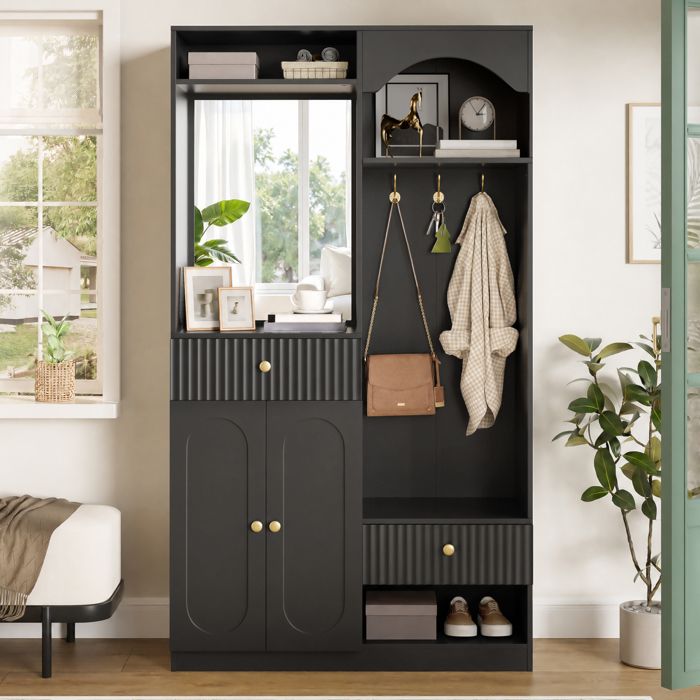 Vestiaire d’entrée avec miroir banc penderie et placard à chaussures 100 x 35 x 180 cm MDF noir