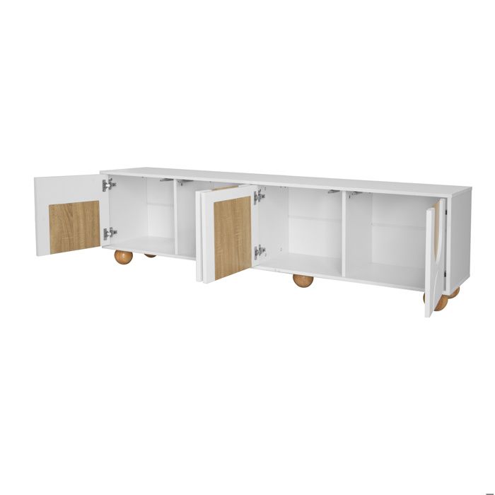 Meuble TV bas 4 portes – 175 cm – Blanc et décor bois naturel