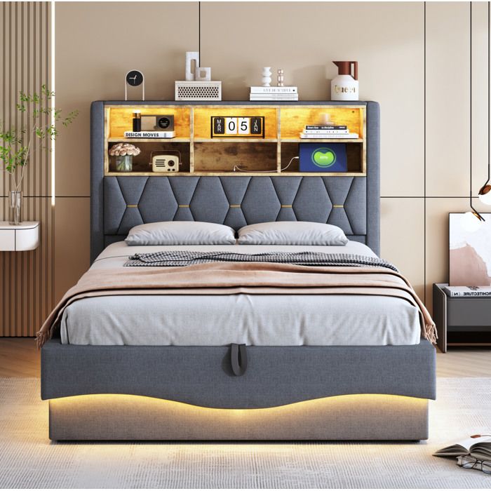 Lit coffre 140x200 cm – lit tapissé gris – tête de lit avec rangement – LED intégrée – port USB