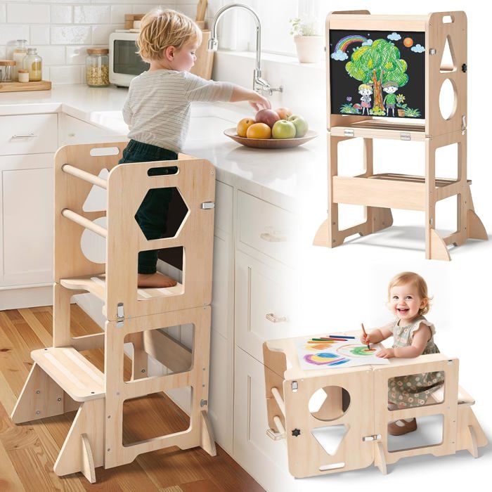 Tour dapprentissage observation Montessori 4 en 1 - Pliante tableau noir tabouret cuisine bois - Cadeau garçons filles 1-3 ans