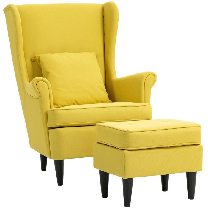 Fauteuil à oreilles avec repose-pieds fauteuil rembourré avec pieds en bois dhévéa revêtement en tissu jaune