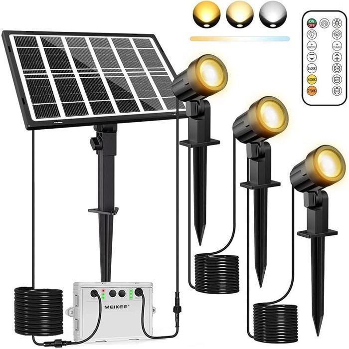 Spot Solaire Extérieur 3 en 1 Lampe Solaire Jardin avec Télécommande étanche IP66 3 Modes Couleur et Luminosité Réglables 5000mAh