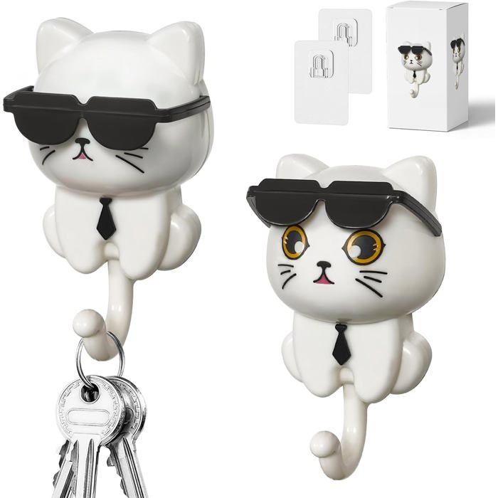 2 Pièces Crochets Muraux Auto-Adhésifs Créatif Crochets À Clés Chat Lunettes De Soleil Robustes Et Durables Pour Clés Vêteme[CA157]