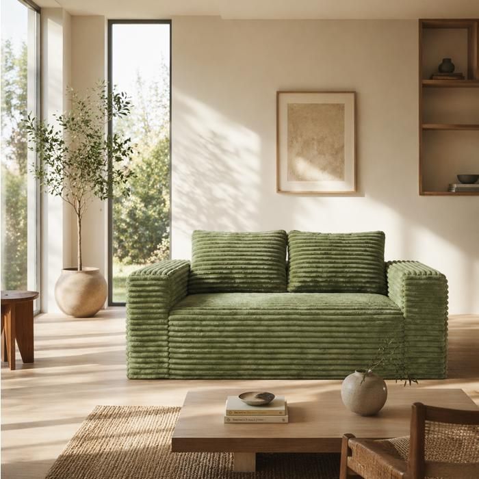 Canapé 2 places compressé sans assemblage 160 x 88 x 58 cm en velours côtelé vert mousse haute densité