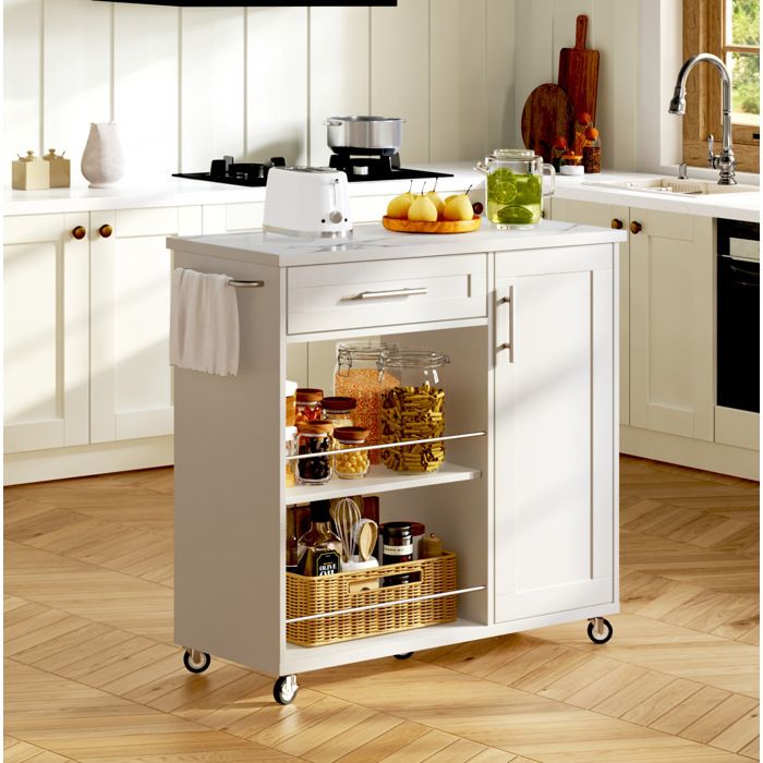 Desserte de cuisine mobile 90 x 62 x 90 cm blanche avec plateau aspect marbre 1 tiroir 1 placard et 4 roulettes