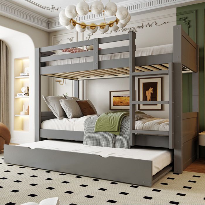 Lit Superposé avec Lit Gigogne Convertible Barrière de Sécurité Échelle Droite - TCQPZ - Bois - Gris