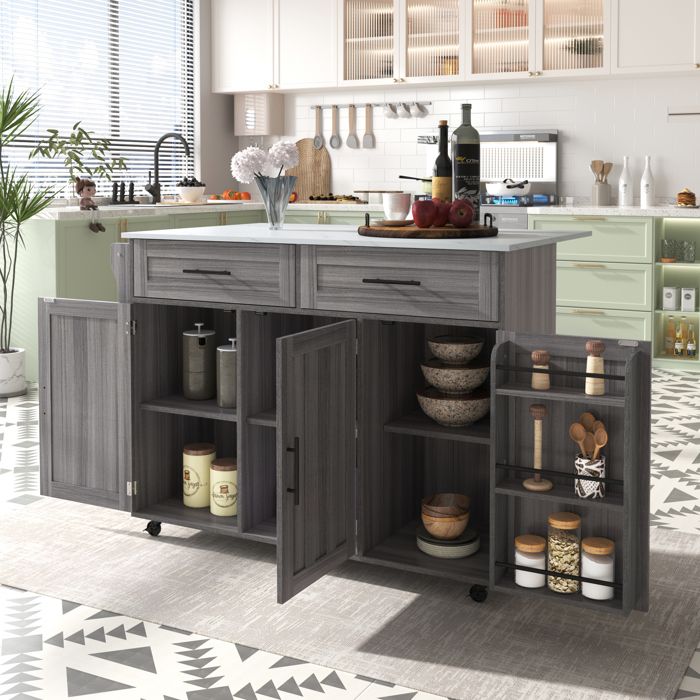 Îlot de Cuisine Mobile Desserte Cuisine avec Plateau Extensible 5 Roues 3 Portes 2 Tiroirs Table à Manger Gris
